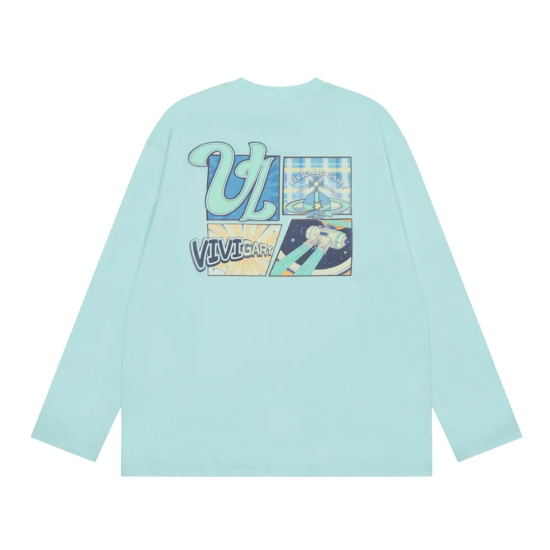 VIVI8820 vivienne west wood Vivienne American baseball style heavy industry multi-color printed Saturn long sleeves Super design sense Super practical for wearing inside and outside 200G thin base Size: S M L mint green haze blue dirty pink